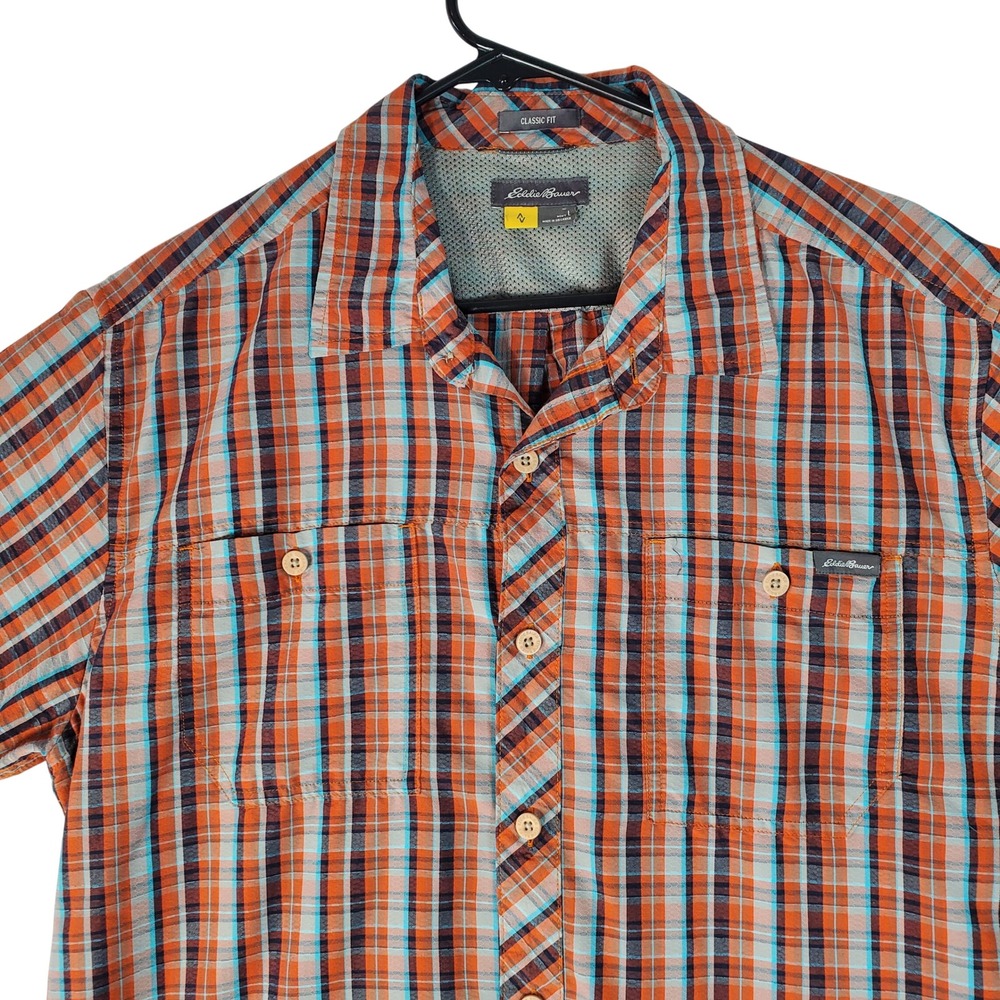 Eddie Bauer Mens Large Classic Fit Plaid Short Sleeve Button Down Shirt Orange